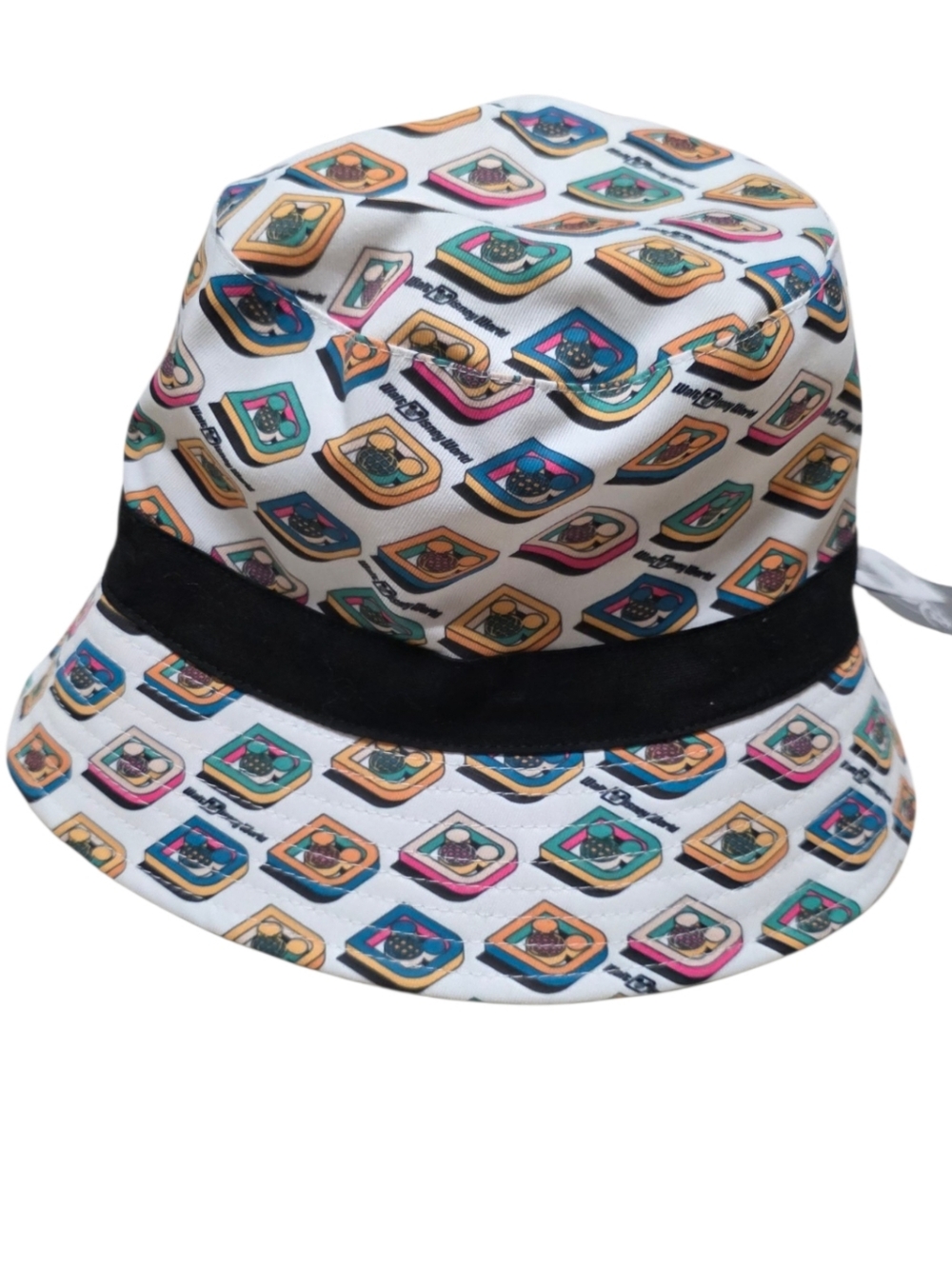 NWT Disney Parks Mickey Ear Allover Print Bucket Hat -White w/Multicolor Print